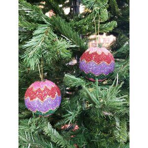 2 Vtg Christmas Ornament Glass Beads Red Gold Green Blue Purple Round READ